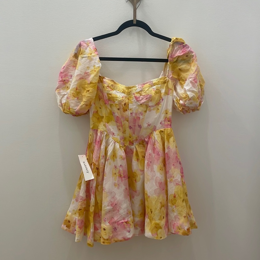 Bardot floral print corset puff sleeve minidress